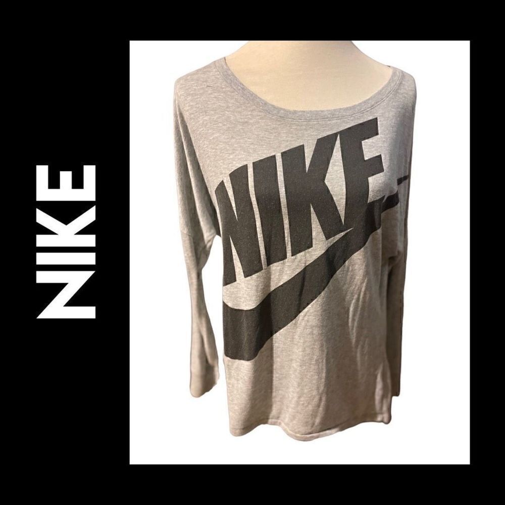 Nike Long Sleeve Gray with Black Lettering Swoosh Logo Size Large